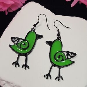 Green Stained Glass Bird Earrings – Enamel Art Dangle Statement Artisan Bohemian